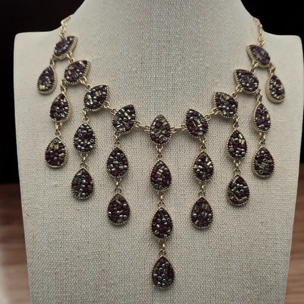 INC Gold Statement Purple, Gold and Black Micro Mosaic Bead Necklace